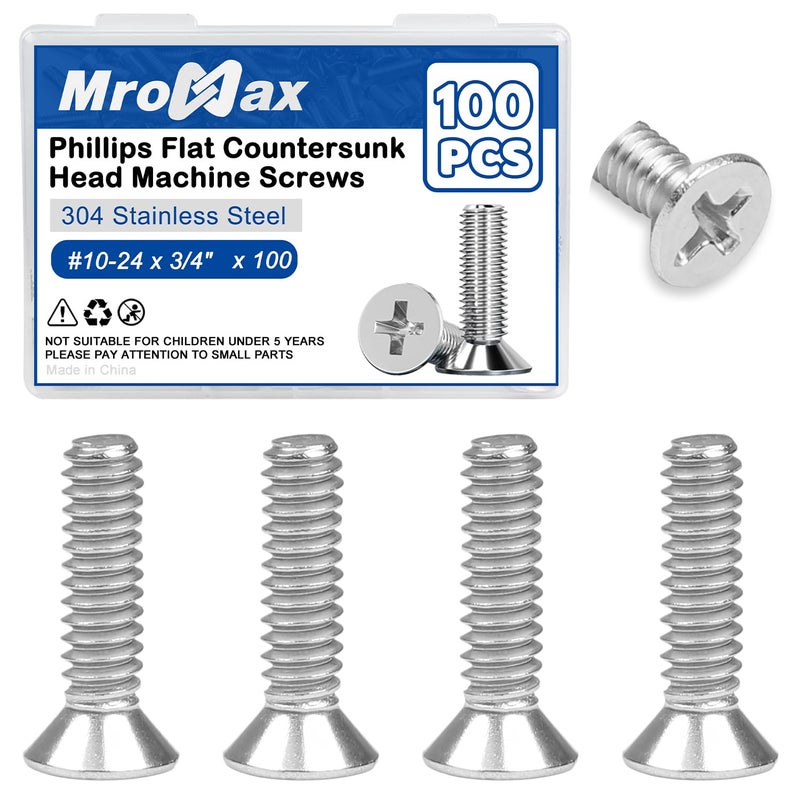 MroMax 100Pcs #10-24 x 3/4" Phillips Flat Head Machine Screws, 304 Stainless Steel(18-8), UNC Coarse Thread, Countersunk Head Machine Screws, Phillips Drive #2 - Image 1